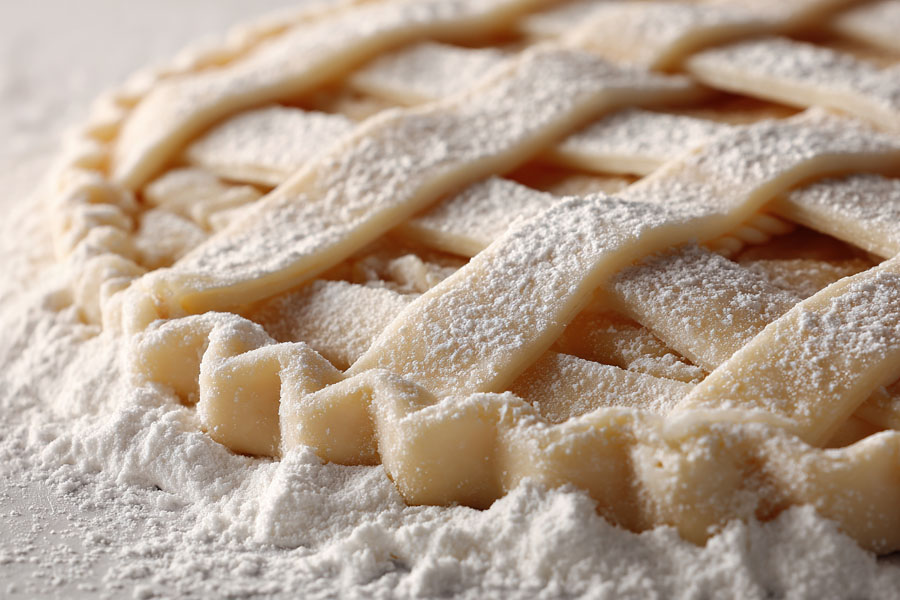 Unbaked pie with a lattice crust dusted with flour on a light surface.